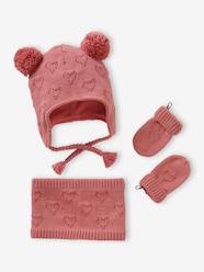 Baby-Hearts Beanie + Snood + Mittens Set for Baby Girls