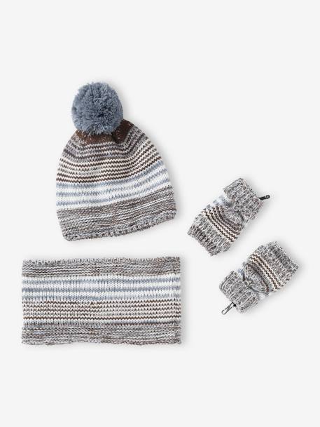 Jacquard Knit Beanie + Snood + Mittens/Fingerless Mitts Set for Boys chocolate 