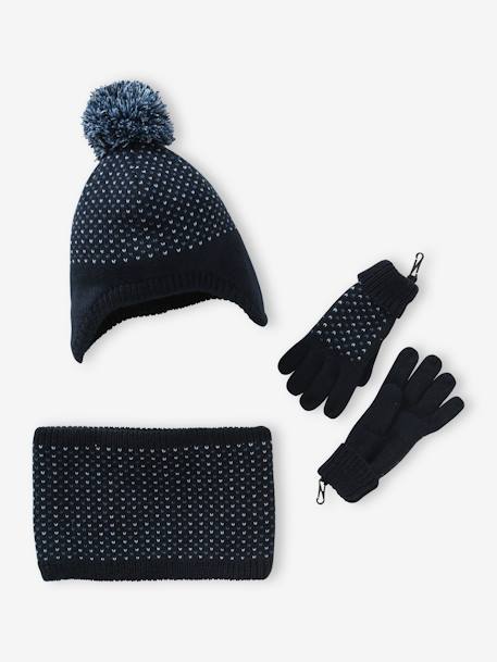 Jacquard Knit Beanie + Snood + Gloves or Mittens Set for Boys night blue 