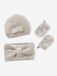 Baby-Bow Beanie + Snood + Mittens Set for Baby Girls