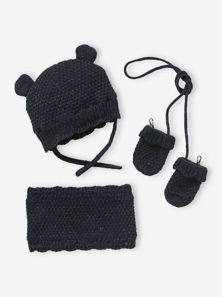 Beanie + Snood + Mittens Set for Baby Girls navy blue 