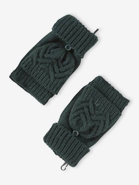 Cable-Knit Beanie + Snood + Mittens/Fingerless Mitts for Boys fir green+ochre 