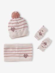 Girls-Accessories-Winter Hats, Scarves, Gloves & Mittens-Stripes/Hearts Beanie + Snood + Mittens/Fingerless Mitts Set for Girls