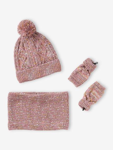 Cable-Knit Beanie + Snood + Mittens/Fingerless Mitts for Girls mauve 
