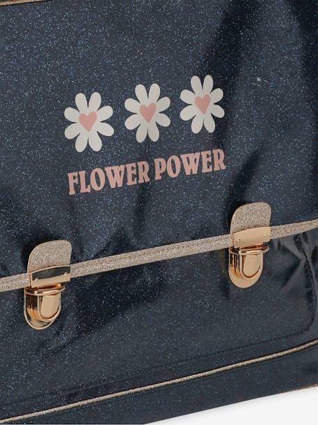 Satchel with 'Flower Power' Glitter & Pencil Case, for Girls night blue 