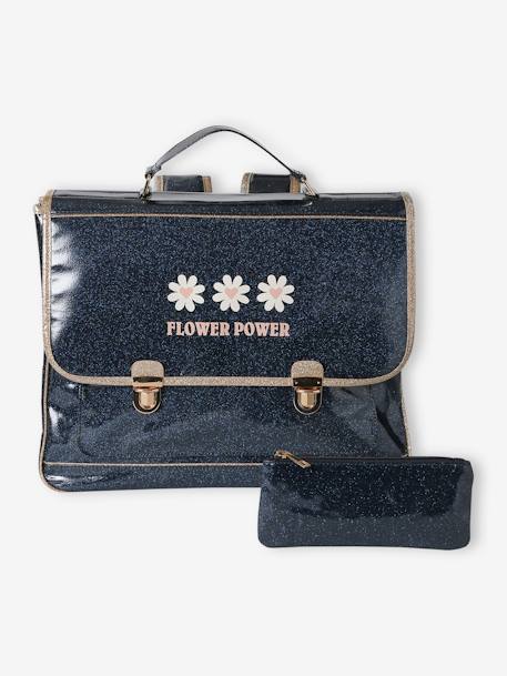 Satchel with 'Flower Power' Glitter & Pencil Case, for Girls night blue 