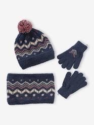 Girls-Accessories-Beanie + Snood + Gloves Set in Jacquard Knit, for Girls