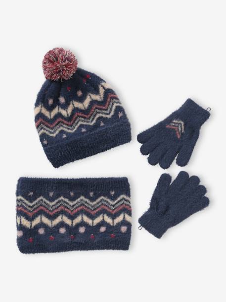 Beanie + Snood + Gloves Set in Jacquard Knit, for Girls night blue 
