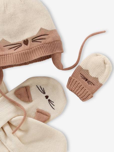 Cat Beanie + Scarf + Mittens Set for Baby Girls ecru 