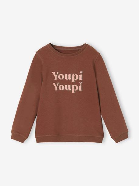 Sweatshirt with Message & Iridescent Details for Girls BROWN MEDIUM SOLID WITH DESIGN+chocolate+Red+rosy 