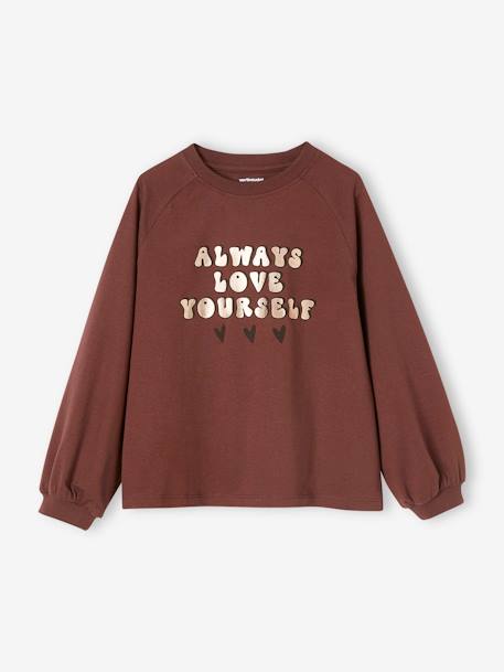 A-Line Top, Message with Shiny Metallised Effect, for Girls chocolate+rosy 