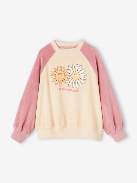 Terry Cloth Raglan Sweatshirt, Pop Flower Motifs for Girls ecru 