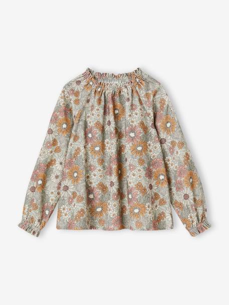 Floral Blouse in Needlecord Fabric for Girls aqua green+old rose 