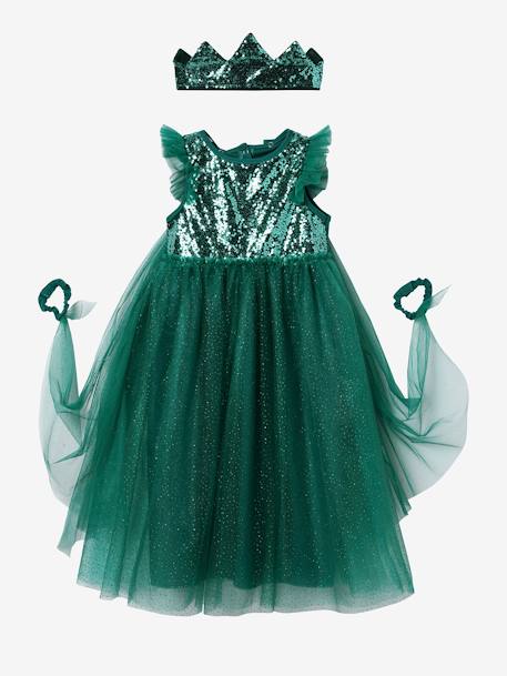 Princess Costume with Veil & Crown Blue+emerald green+Gold+Pink+red 