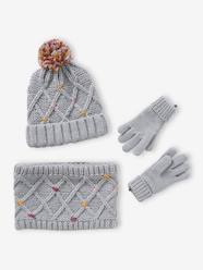 -Beanie + Snood + Gloves or Mittens Set with Pompoms for Girls