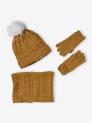 Girls-Accessories-Winter Hats, Scarves, Gloves & Mittens-Beanie + Snood + Gloves or Mittens Set in Cable Knit for Girls