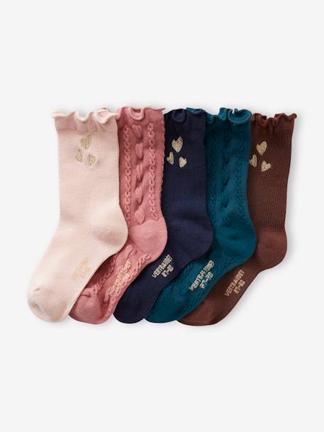 Pack of 5 Pairs of Hearts Socks in Cable & Rib Knit, for Girls rosy 