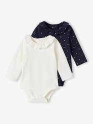 Baby-T-shirts & Roll Neck T-Shirts-Pack of 2 Long Sleeve Bodysuits with Peter Pan Collar, for Babies