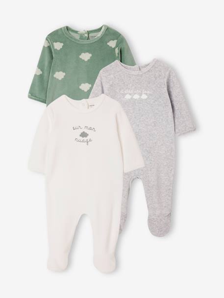 Pack of 3 Velour Sleepsuits for Babies, BASICS grey green+pale pink 