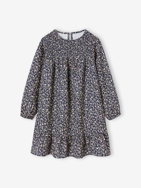 Smocked Long Sleeve Dress with Flowers for Girls mustard+navy blue 