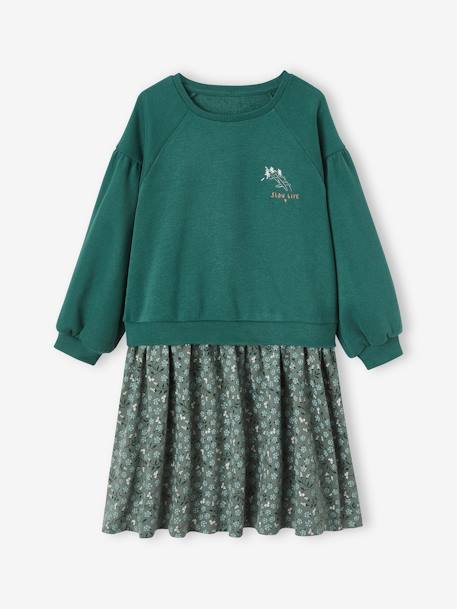 Dual Fabric Dress for Girls green+vanilla 