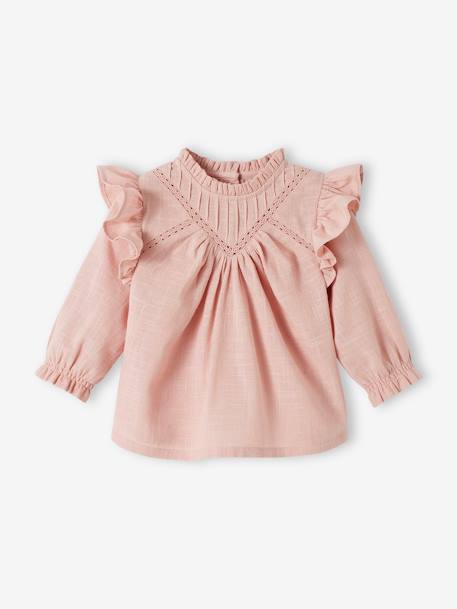Frilly Blouse in Slub Fabric for Babies BEIGE LIGHT SOLID+rosy 