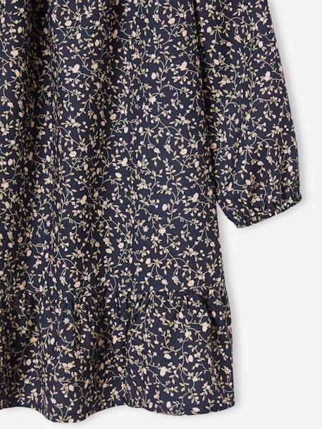 Smocked Long Sleeve Dress with Flowers for Girls mustard+navy blue 