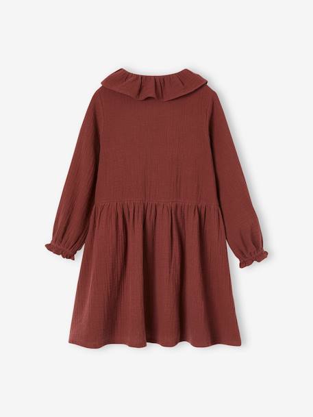 Buttoned Dress in Cotton Gauze for Girls chocolate+rose beige 