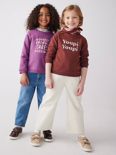 Sweatshirt with Message & Iridescent Details for Girls chocolate+PURPLE DARK SOLID WITH DESIGN+Red+rosy+sweet pink 