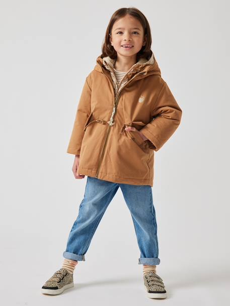 3-in-1 Shiny Hooded Parka with Sherpa Lining, for Girls camel+green 