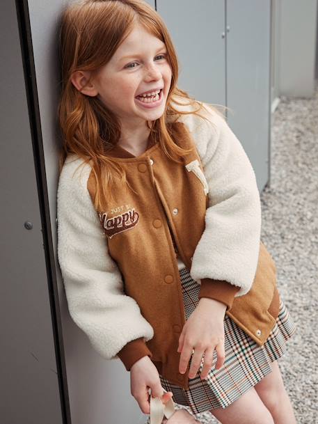 College-Style Dual Fabric Jacket, Bouclé Knit Letter, for Girls camel 