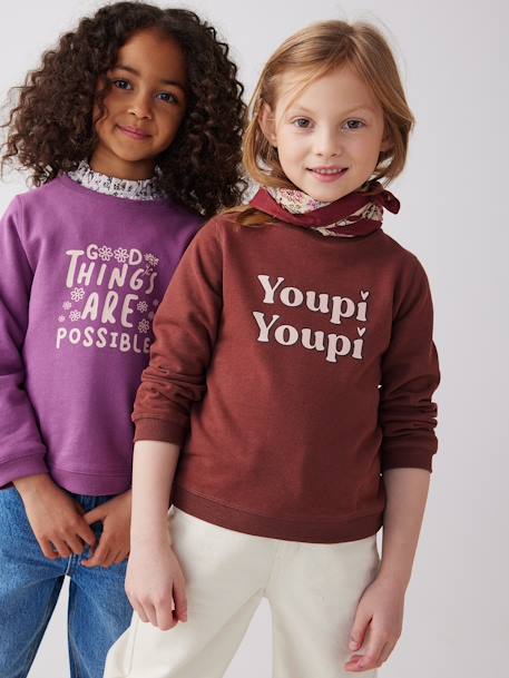 Sweatshirt with Message & Iridescent Details for Girls BROWN MEDIUM SOLID WITH DESIGN+chocolate+Red+rosy 