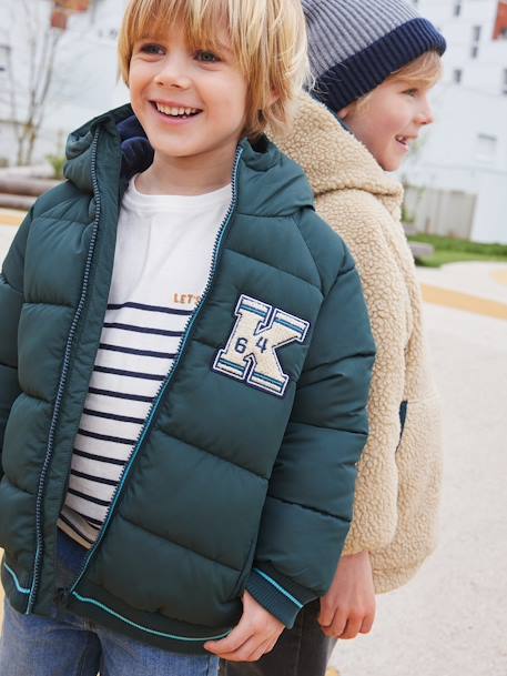 College-Style Padded Jacket with Polar Fleece Lining for Boys chocolate+fir green+navy blue 