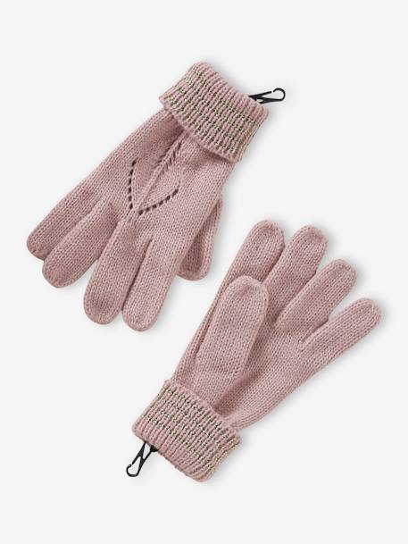 Beret + Scarf + Gloves or Mittens Set in Openwork Knit & Fancy Faux Fur for Girls rosy 