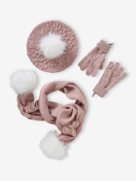 Beret + Scarf + Gloves or Mittens Set in Openwork Knit & Fancy Faux Fur for Girls rosy 