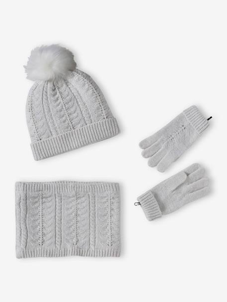 Beanie + Snood + Gloves or Mittens Set in Cable Knit for Girls ecru+mustard 