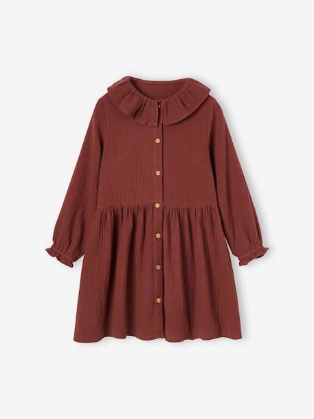 Buttoned Dress in Cotton Gauze for Girls chocolate+rose beige 