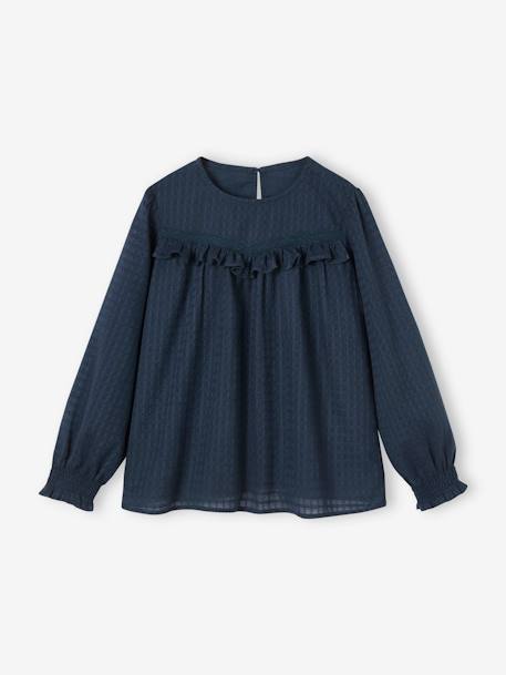 Blouse with Textured-Effect Ruffle for Girls ecru+navy blue 
