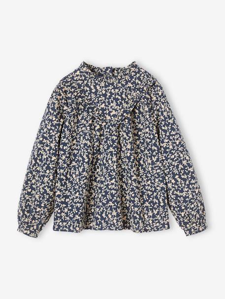 Blouse with Crew Neck & Floral Print for Girls navy blue+PINK LIGHT ALL OVER PRINTED 