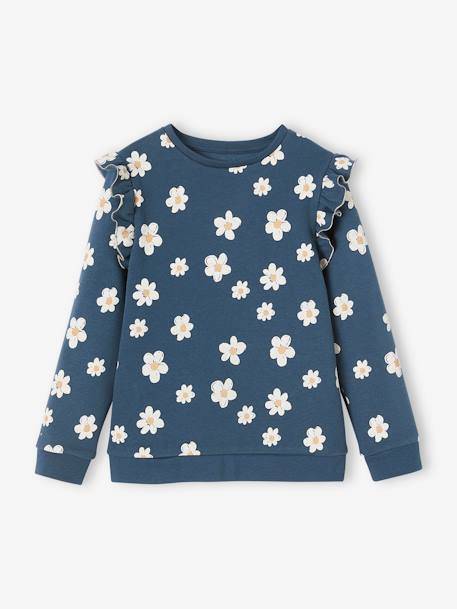 Sweatshirt with Ruffles & Message for Girls navy blue+rosy 