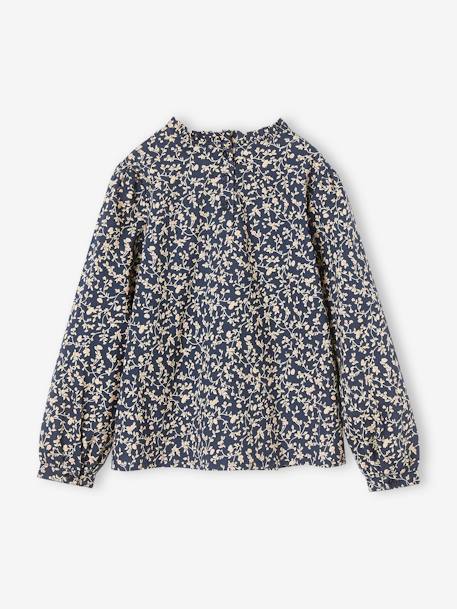 Blouse with Crew Neck & Floral Print for Girls navy blue+PINK LIGHT ALL OVER PRINTED 
