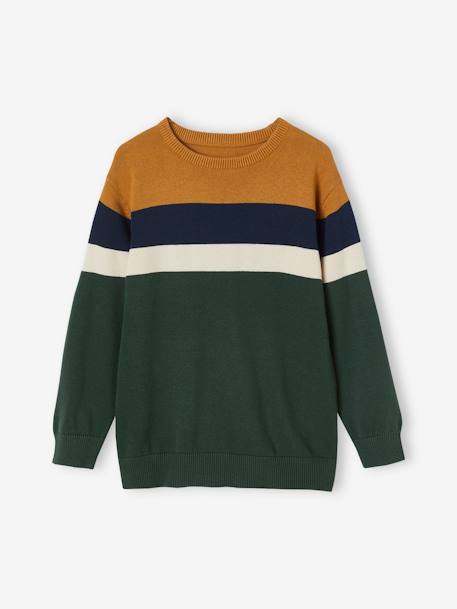 Striped Colourblock Jumper in Fine Knit for Boys BEIGE LIGHT SOLID WITH DESIGN+fir green+marl grey 