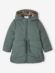 Girls-Coats & Jackets-Long Lightly Padded Jacket with Shiny Hood for Girls