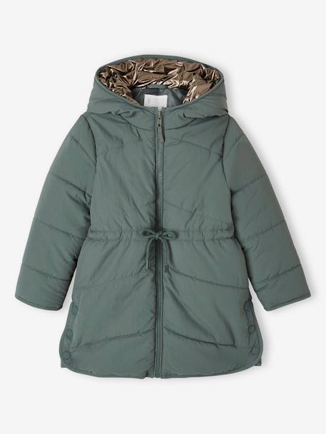 Long Lightly Padded Jacket with Shiny Hood for Girls green 