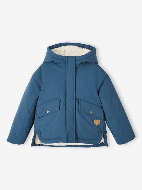 Short Parka with Hood & Sherpa Lining for Girls petrol blue 