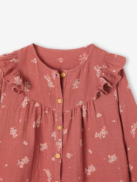 Frilly Blouse in Cotton Gauze for Girls green+terracotta 
