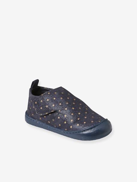 Indoor Shoes in Smooth Leather with Hook-&-Loop Strap, for Babies printed blue 