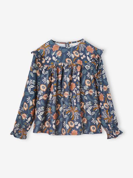 Floral Blouse with Ruffled Sleeves for Girls ecru+night blue 