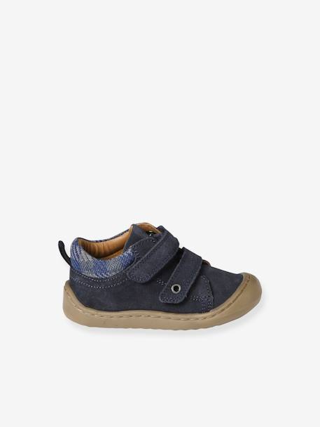 Pram Shoes in Soft Leather with Hook&Loop Strap, for Babies, Designed for Crawling blue+electric blue+navy blue 