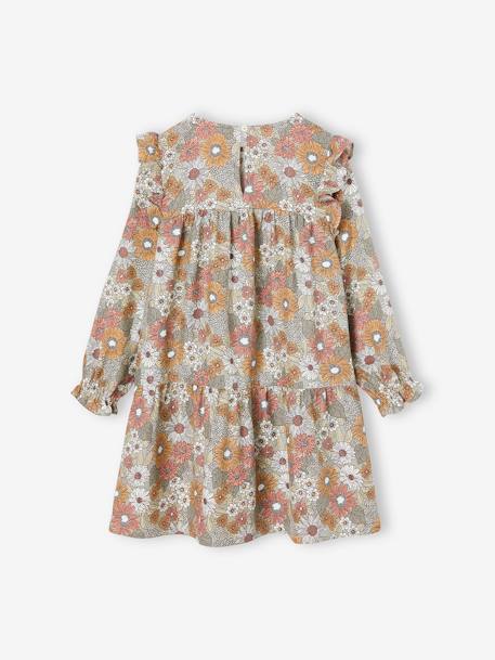Frilly Dress with Floral Print for Girls aqua green+ecru+green+grey blue+night blue+old rose 